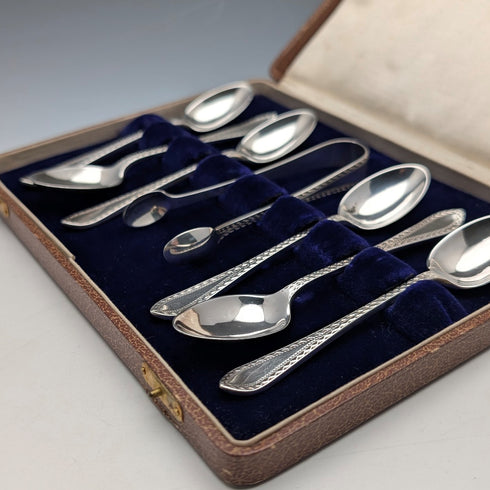 1910年 英国アンティーク 純銀製ティースプーン6本&シュガートングセット 計100g ケース入 Joseph Rodgers&Sons